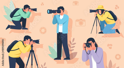 Group of diverse photographers capturing moments with various cameras.