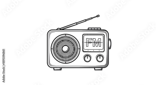 Simple black and white line art drawing of a classic portable fm radio receiver featuring a speaker grille and extending antenna for audio entertainment.