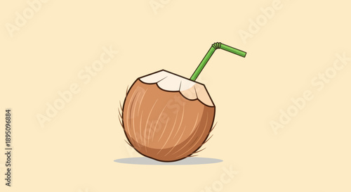 Refreshing coconut drink with straw illustration on a light background