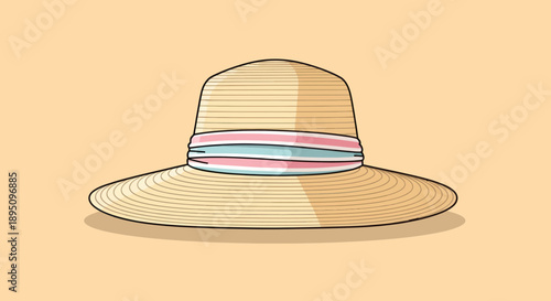 Stylish straw sun hat with colorful band on a light background.
