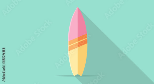 Colorful surfboard icon with long shadow in flat design style