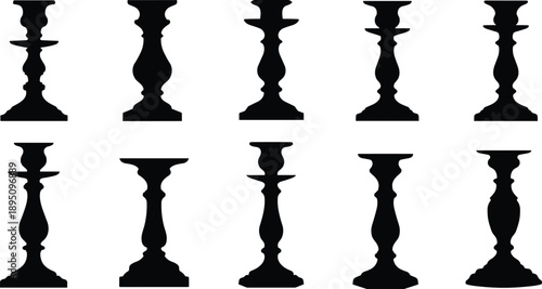 Set of vintage candlestick silhouettes, classic candle holders for home decor, antique lighting design, black vector illustration on white background