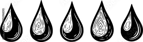 Hand-drawn woodcut illustration of a simple water droplet 