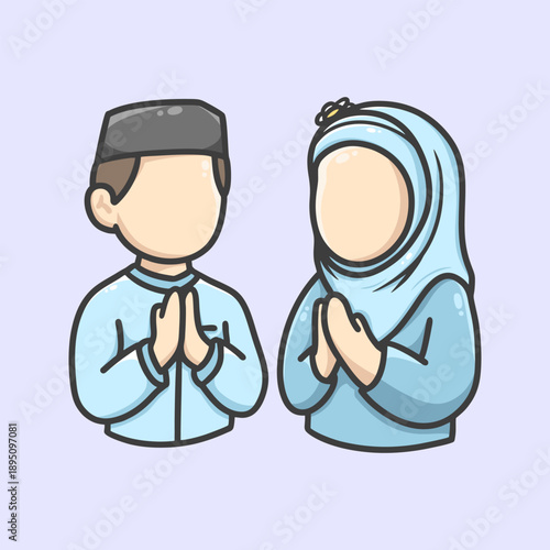 Muslim Couple Greeting illustration for icon sticker and other uses hand drawn vector style.