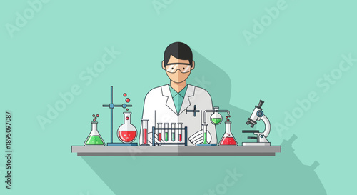 A scientist working in a chemical laboratory with various lab equipment.