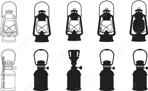 Set of vintage camping lantern icons, outdoor light equipment, retro kerosene and gas lamps in black silhouette vector illustration