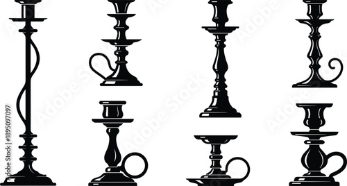 Set of vintage candle holders, elegant candlestick silhouettes, classic home decor items, black vector illustration isolated on white background