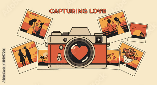 Vintage Camera with Heart Lens Reflection Vector