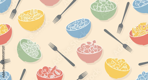 Seamless pattern with various pasta types in colorful bowls and forks