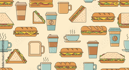 Seamless pattern of various sandwiches and hot coffee drinks in cartoon style.