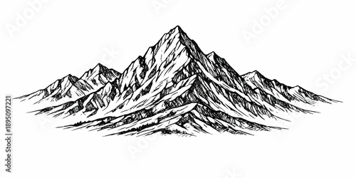 Pine tree silhouette vector illustration set against a majestic winter mountain landscape with snowy peaks and a cold blue glacier sky view