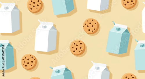 Seamless food pattern with milk cartons and cookies.