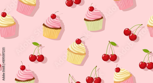 Sweet Cupcakes and Cherries Seamless Pattern