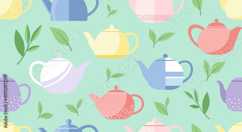 Cute colorful teapots and tea leaves seamless pattern on a light green background.