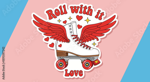 Retro 70s Roller Skate with Wings and Hearts Vector