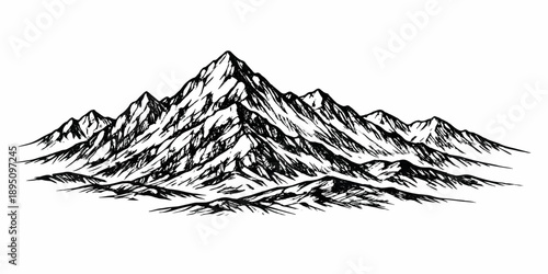 Vector illustration of a majestic snow-capped mountain landscape featuring a dense pine tree forest under a blue winter sky with white clouds over the high alpine glacier peaks