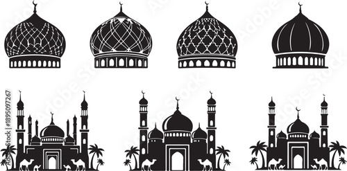 Silhouettes of mosques and camels
