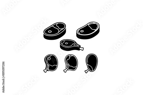 Assorted raw meat cuts vector illustration featuring steak, chop, and drumstick icons