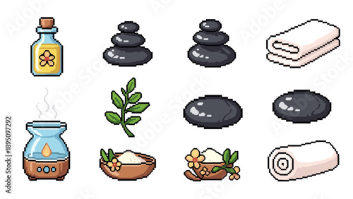 Pixel art spa elements: aromatherapy, stones, and towels for wellness