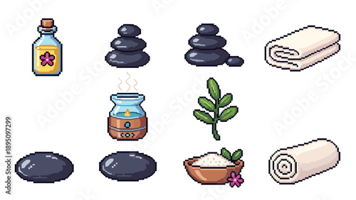 Pixel art spa essentials: oil, stones, towel, plant, aromatherapy, salt