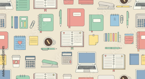 Seamless pattern of cute flat design office and school supplies