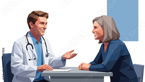 Doctor consults patient in modern low poly style healthcare scene
