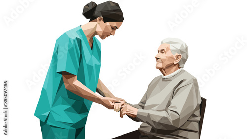Low poly design of caregiver comforting elderly woman in healthcare setting