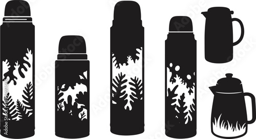 Set of thermos flask and teapot silhouette vector illustration, black and white design with leaf pattern, nature inspired drink containers