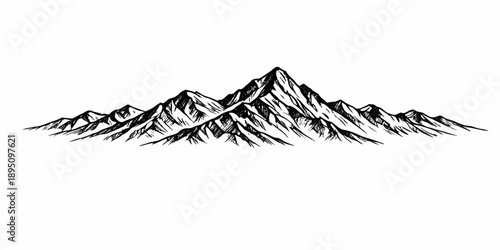 Scenic winter mountain landscape vector illustration featuring snowy peaks under a blue cloudy sky with a frosted pine tree and distant glacier fog