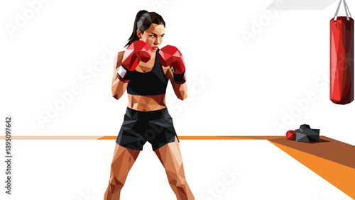 Low poly art of female boxer in gym setting with red boxing gloves