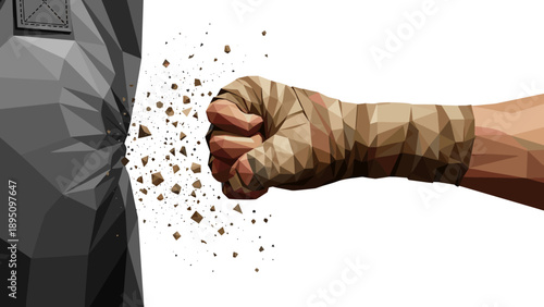 Polygonal fist punching punching bag with breaking debris in action