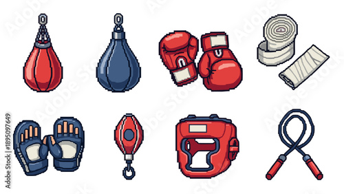 Pixel art boxing equipment collection: gloves, punching bags, wraps, and more