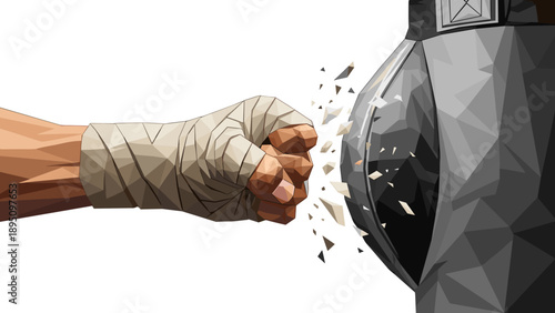 Low poly art of a boxer's fist punching a punching bag