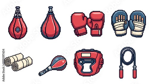 Vintage pixel art boxing equipment collection featuring gloves, punching bags, pads, and jump rope