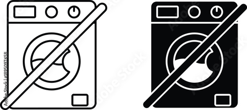 No washing machine laundry prohibition icon set in solid and outline styles for care instruction and warning design