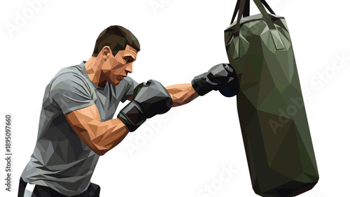 Low poly boxer training with punching bag: geometric fitness art