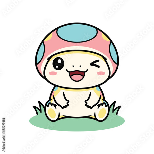 Cute cartoon baby in colorful helmet laughing on green grass summer outdoor playtime