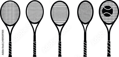 Set of tennis rackets silhouette vector illustration, sport equipment collection, black tennis gear icons, fitness and outdoor game design