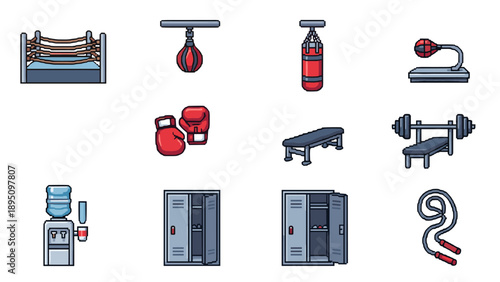 Fitness equipment icons featuring punching bag, boxing gloves, jump rope, and more