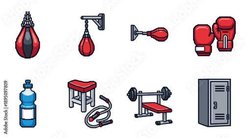 Pixel art gym equipment set featuring boxing gloves and fitness gear