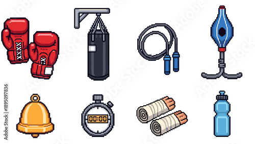 Retro pixel art boxing gear collection with gloves, bags, and accessories