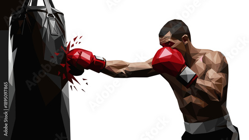 Polygonal boxer training with punching bag in dynamic low poly style