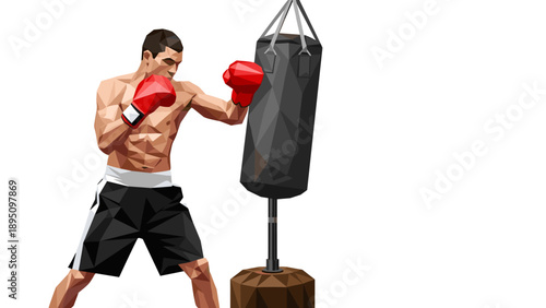 Geometric boxer training with punching bag in low poly art style
