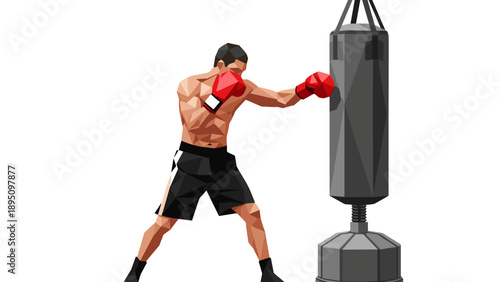 Geometric boxer training with punching bag in low poly style