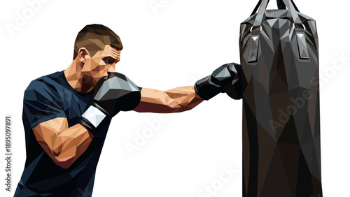 Polygonal boxer training with punching bag in geometric style