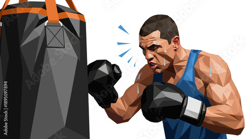 Geometric boxer training with punching bag in low poly art style