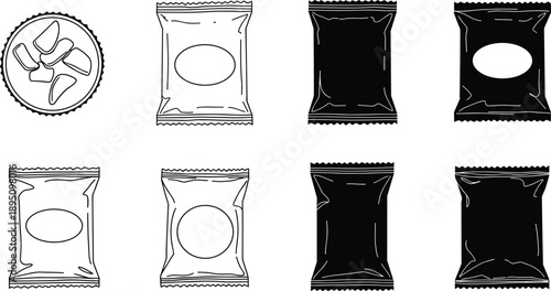 Set of snack packet bag silhouette vector illustration, chips packaging design, blank food pouch template, black and white style
