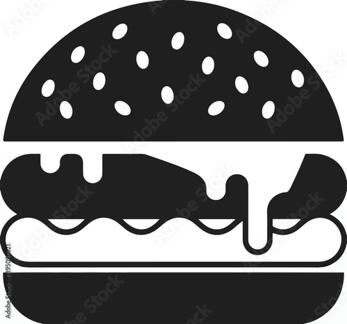 Black and white icon of a dripping hamburger with sesame seeds on the bun symbol food