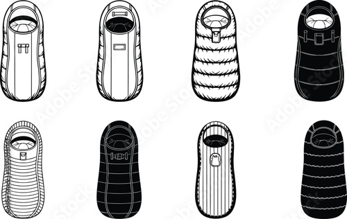 Set of sleeping bag icons for camping, outdoor travel, hiking, survival gear, cold weather, and adventure expedition equipment design