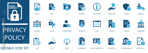 Privacy Policy Icon Set. Modern Glyph Icons for User Privacy, Information Protection, GDPR Compliance, Identity Verification, and Network Access Control Concepts.